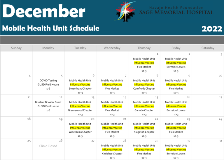 December MHU Schedule Navajo Health Foundation Sage Memorial Hospital